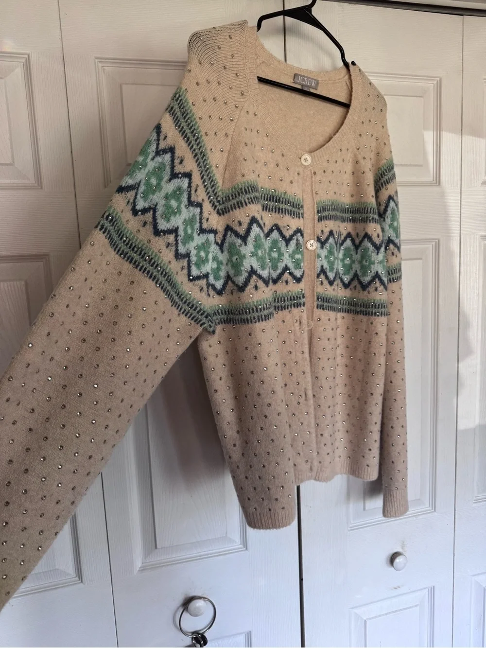 Crystal-embellished Fair Isle cardigan sweater in Supersoft yarn